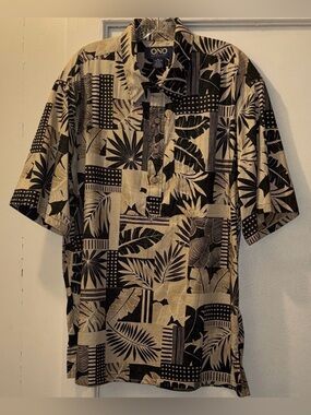 ONO & Company Men's Aloha Hawaiian Shirt 100% Cotton Tan Black Leaf Print  Sz XL